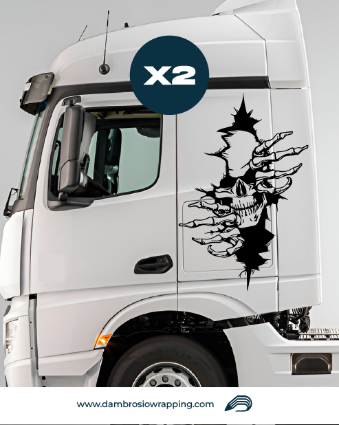 Kit 2 Adesivi per Laterale Camion - Teschio Squarcio