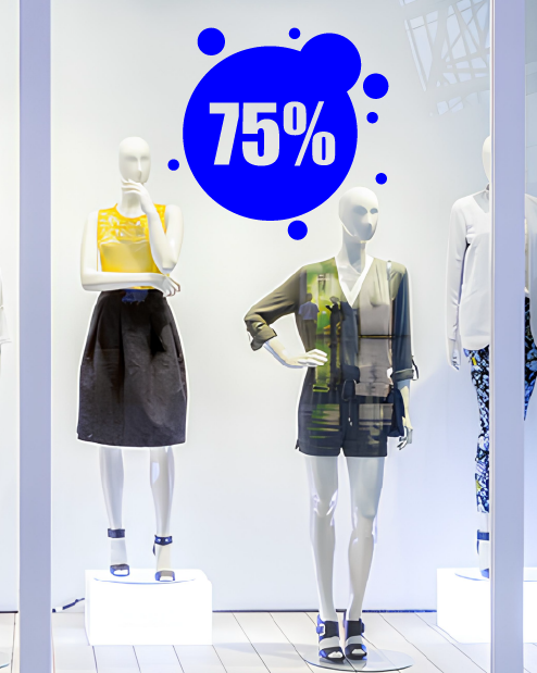 "75%" sticker with circle and bubbles